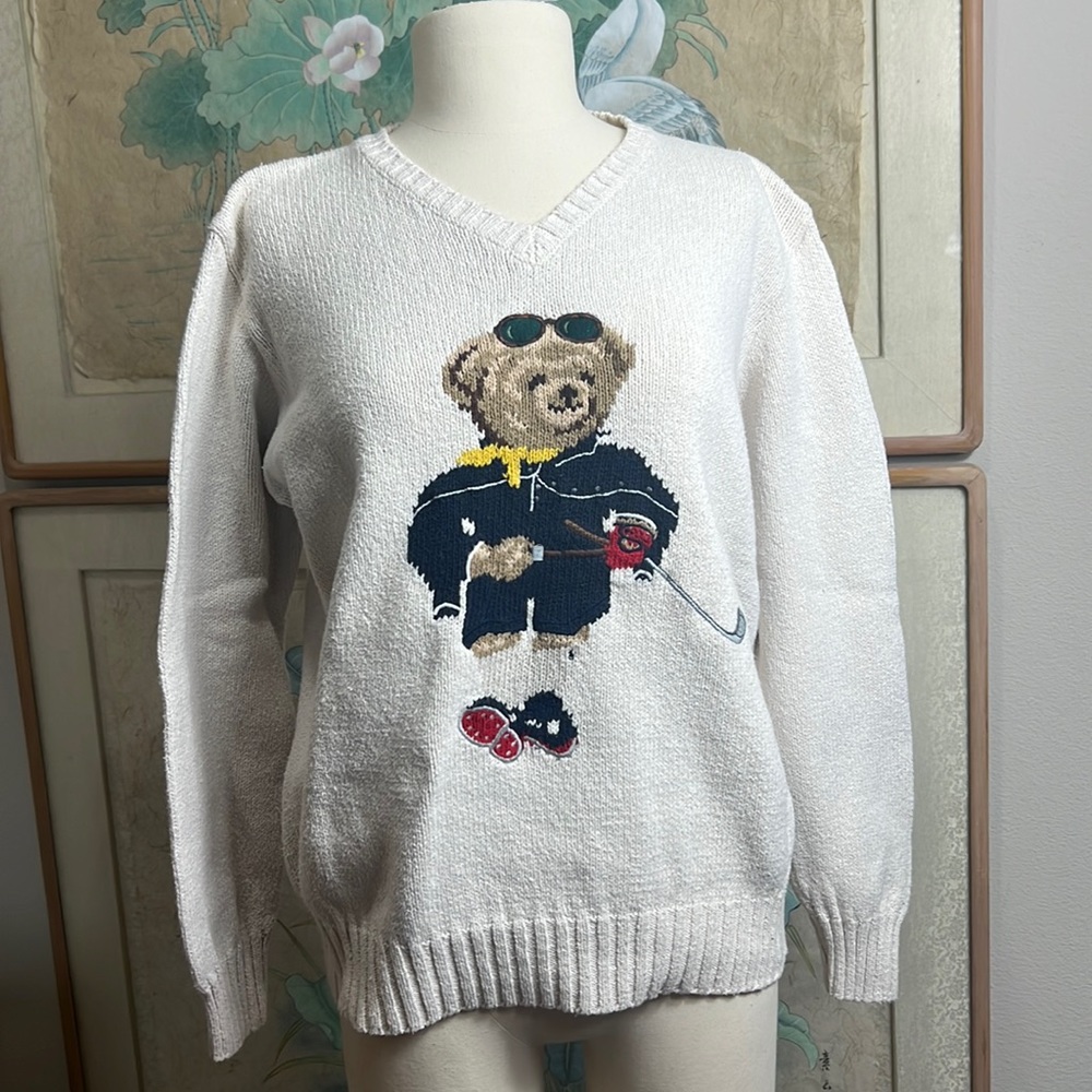 Vintage 90s Polo Sport Ralph Lauren Golf Teddy Bear Sweater V-Neck